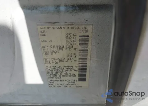 2020 Nissan Frontier Sv 4X2 z USA, uszkodzony, nr VIN 1N6ED0EA8LN704785